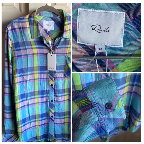 Rails NWT Hunter Lime Berry 100% Rayon Button down Long Sleeve Plaid Blouse med - Picture 4 of 15